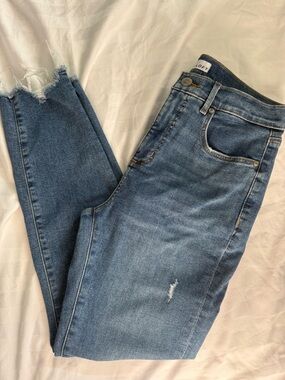 LOFT Medium Blue High Waist Skinny Frayed Hem Ankle Jeans